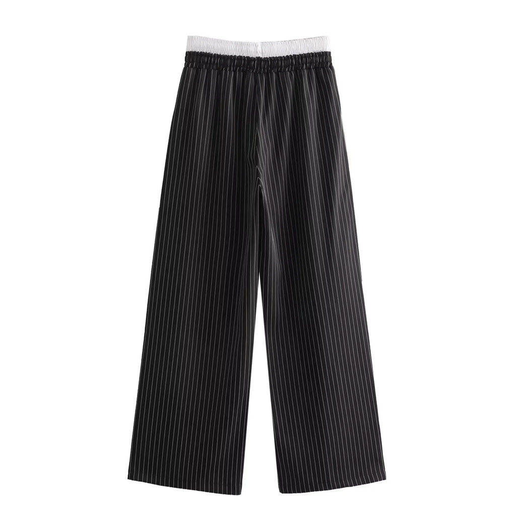 Elara – Schwarze Wide-Leg Hose mit Nadelstreifen & Kordelzug