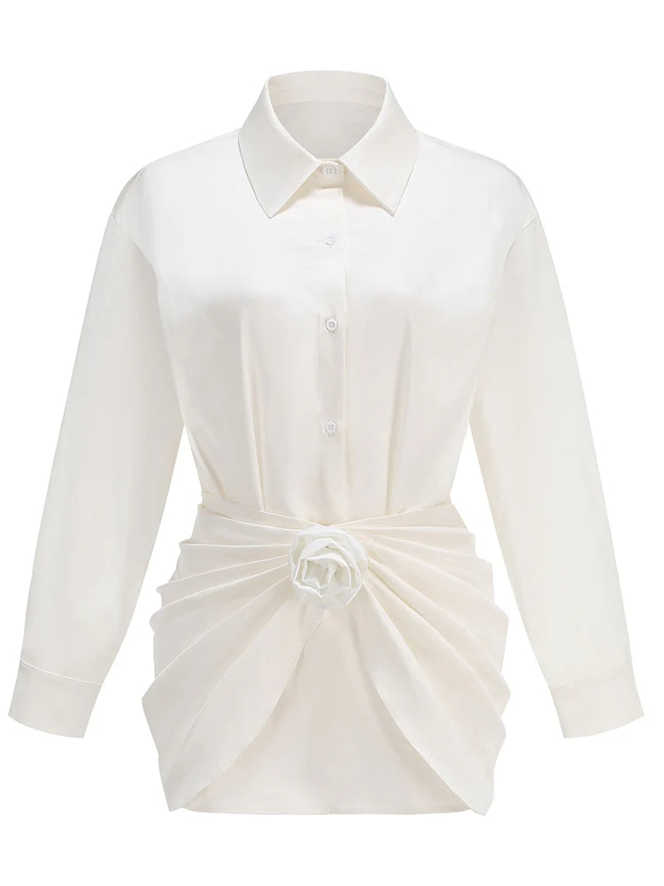 Nova Satin Bluse Kleid Weiß mit Rosen-Detail – Elegante Langarm Bluse Kleid
