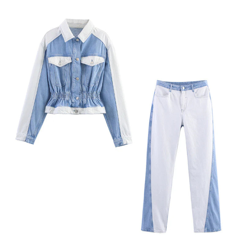 Zweiteiliges Damen Jeans Set – Farbblock Denim Jacke & Hose