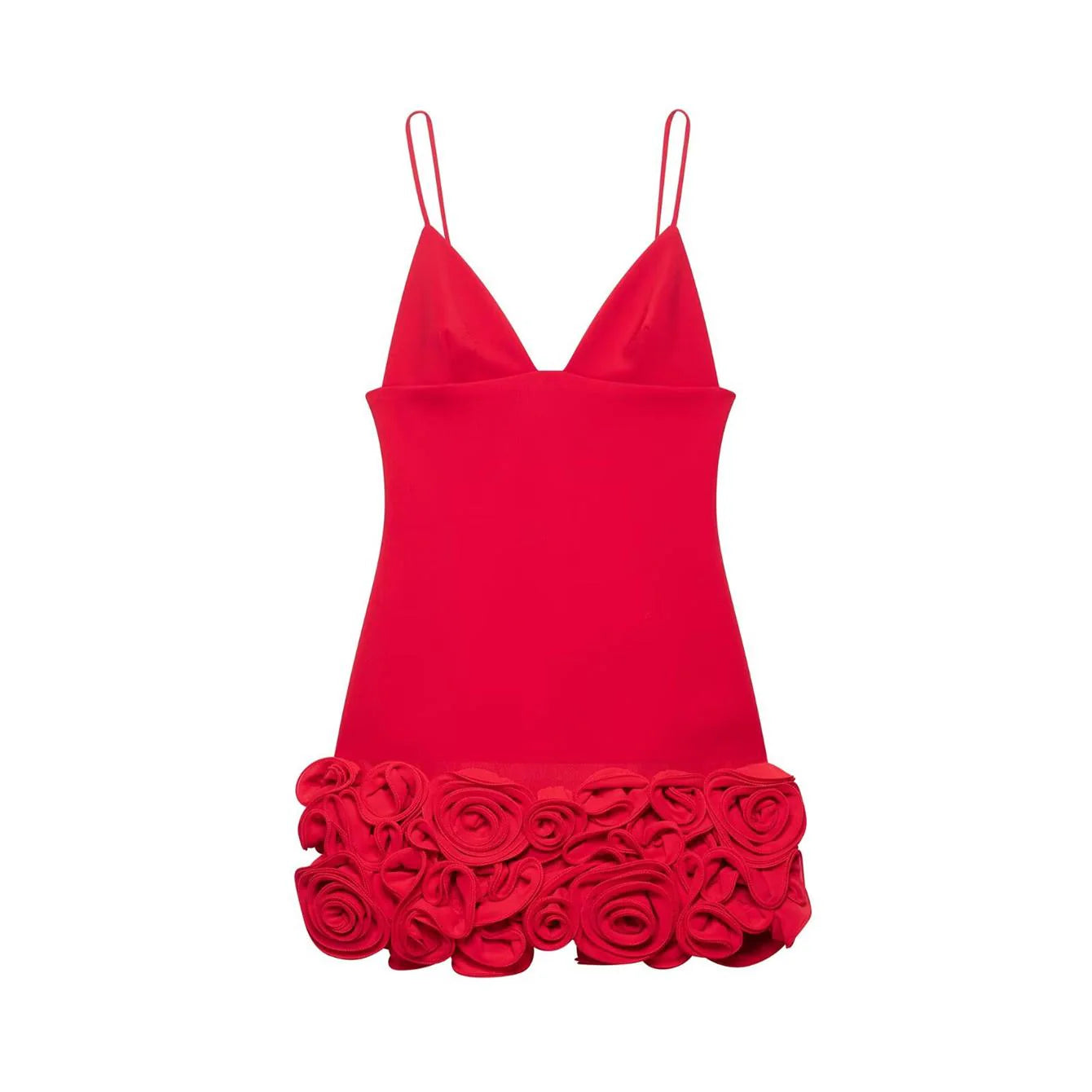 Arielle – Rotes Minikleid mit Rosenblüten-Saum & Spaghettiträgern