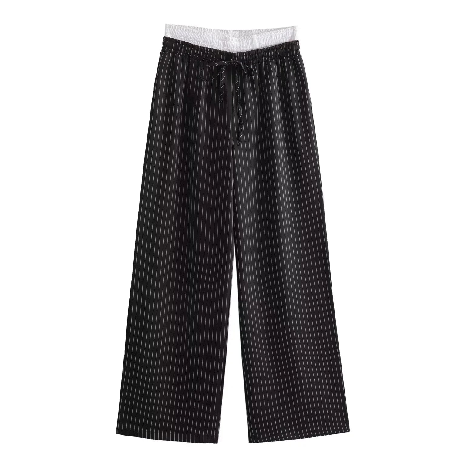 Elara – Schwarze Wide-Leg Hose mit Nadelstreifen & Kordelzug