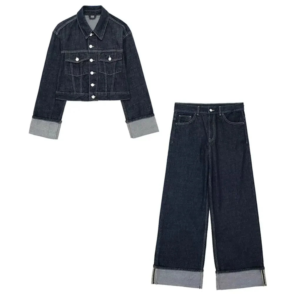Damen Jeans Set dunkelblau – Kurze Denim Jacke & Wide-Leg Hose