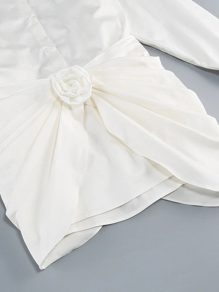 Nova Satin Bluse Kleid Weiß mit Rosen-Detail – Elegante Langarm Bluse Kleid