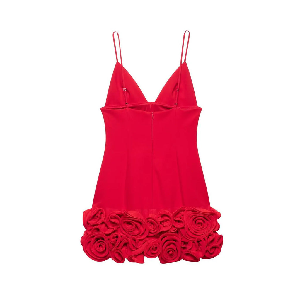 Arielle – Rotes Minikleid mit Rosenblüten-Saum & Spaghettiträgern