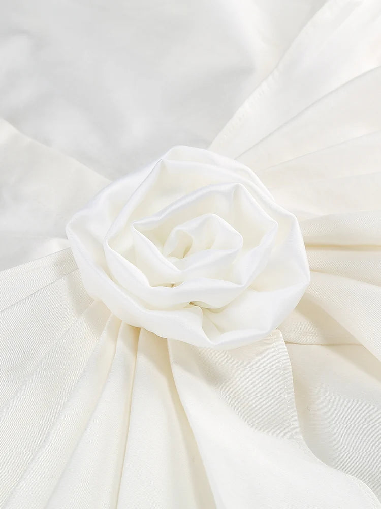 Nova Satin Bluse Kleid Weiß mit Rosen-Detail – Elegante Langarm Bluse Kleid