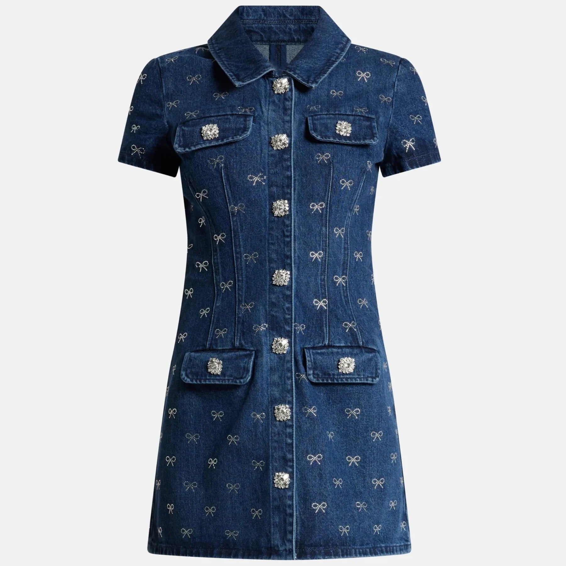 Damen Jeanskleid mit Strassknöpfen & Stickerei – Kurzes Denim Kleid