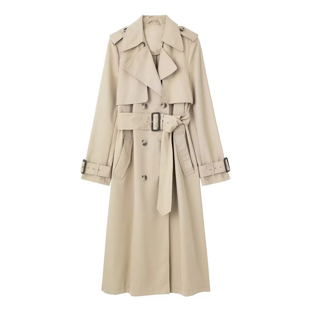 Beiger Damen Trenchcoat lang mit Gürtel – Klassischer Übergangsmantel