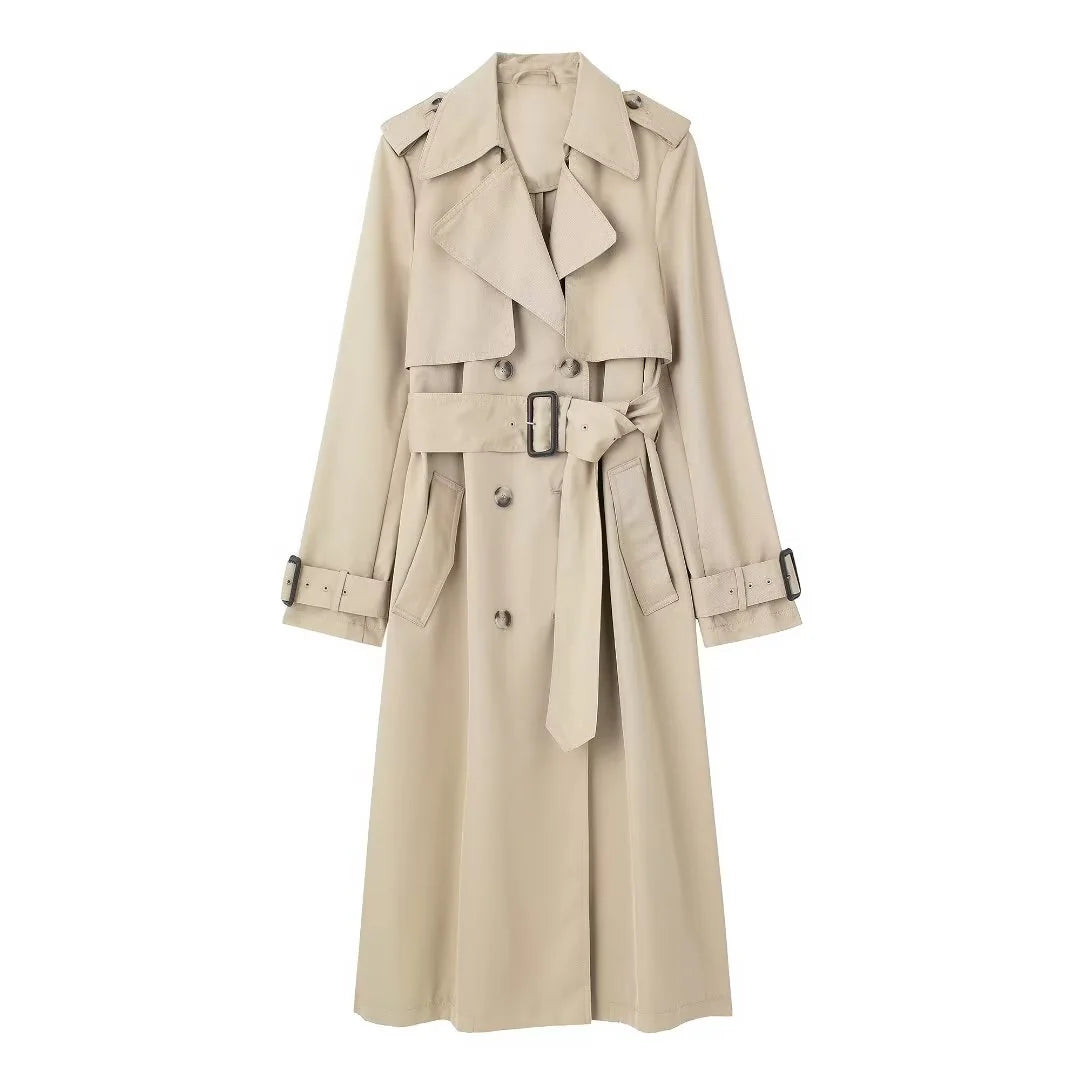 Beiger Damen Trenchcoat lang mit Gürtel – Klassischer Übergangsmantel