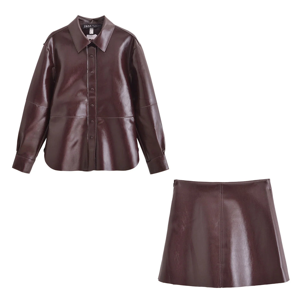 Aurora Premium Leather Set – Bluse & Rock in Burgundy Brown