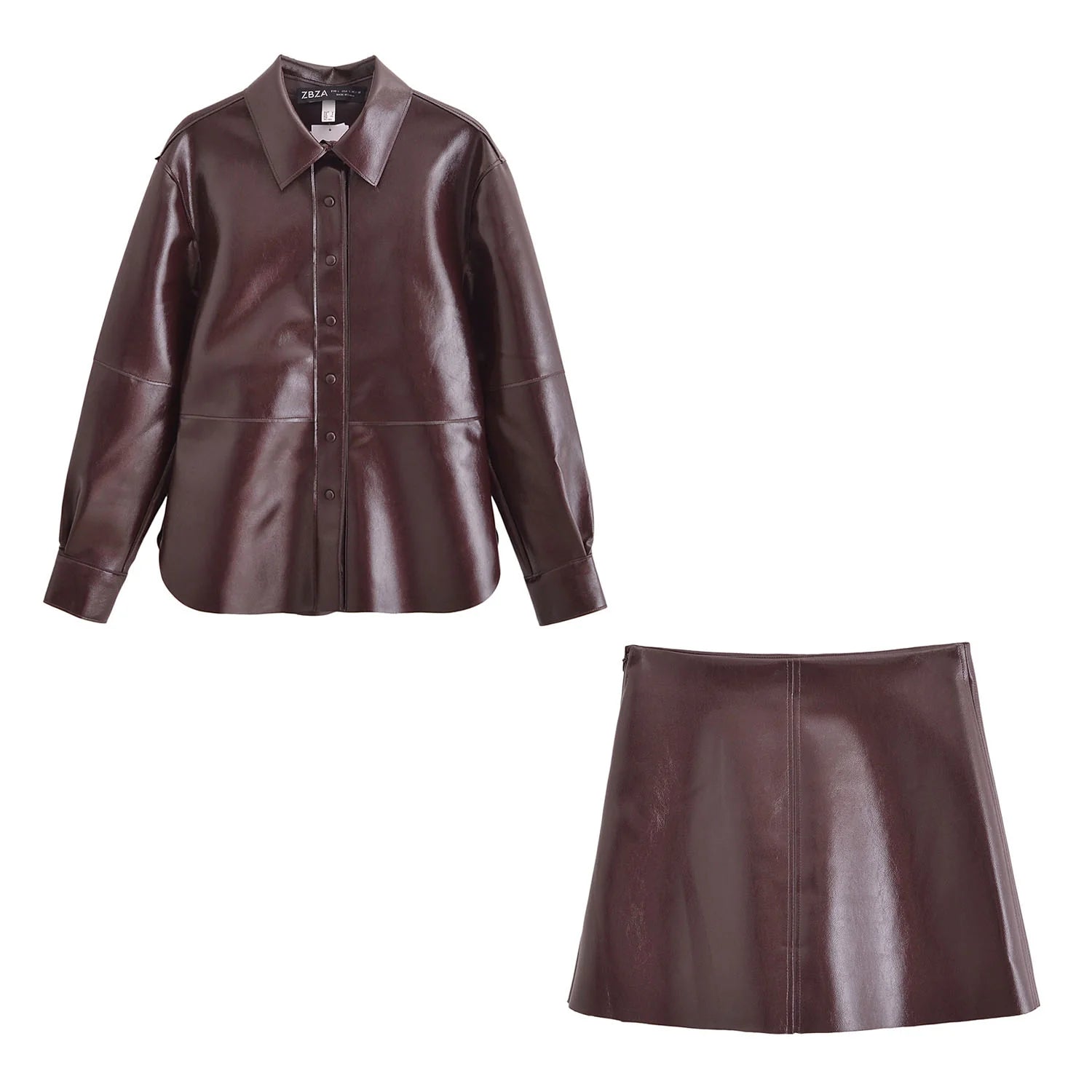 Aurora Premium Leather Set – Bluse & Rock in Burgundy Brown