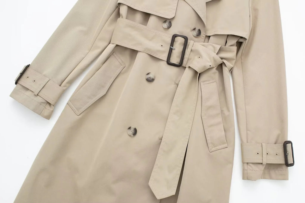 Beiger Damen Trenchcoat lang mit Gürtel – Klassischer Übergangsmantel