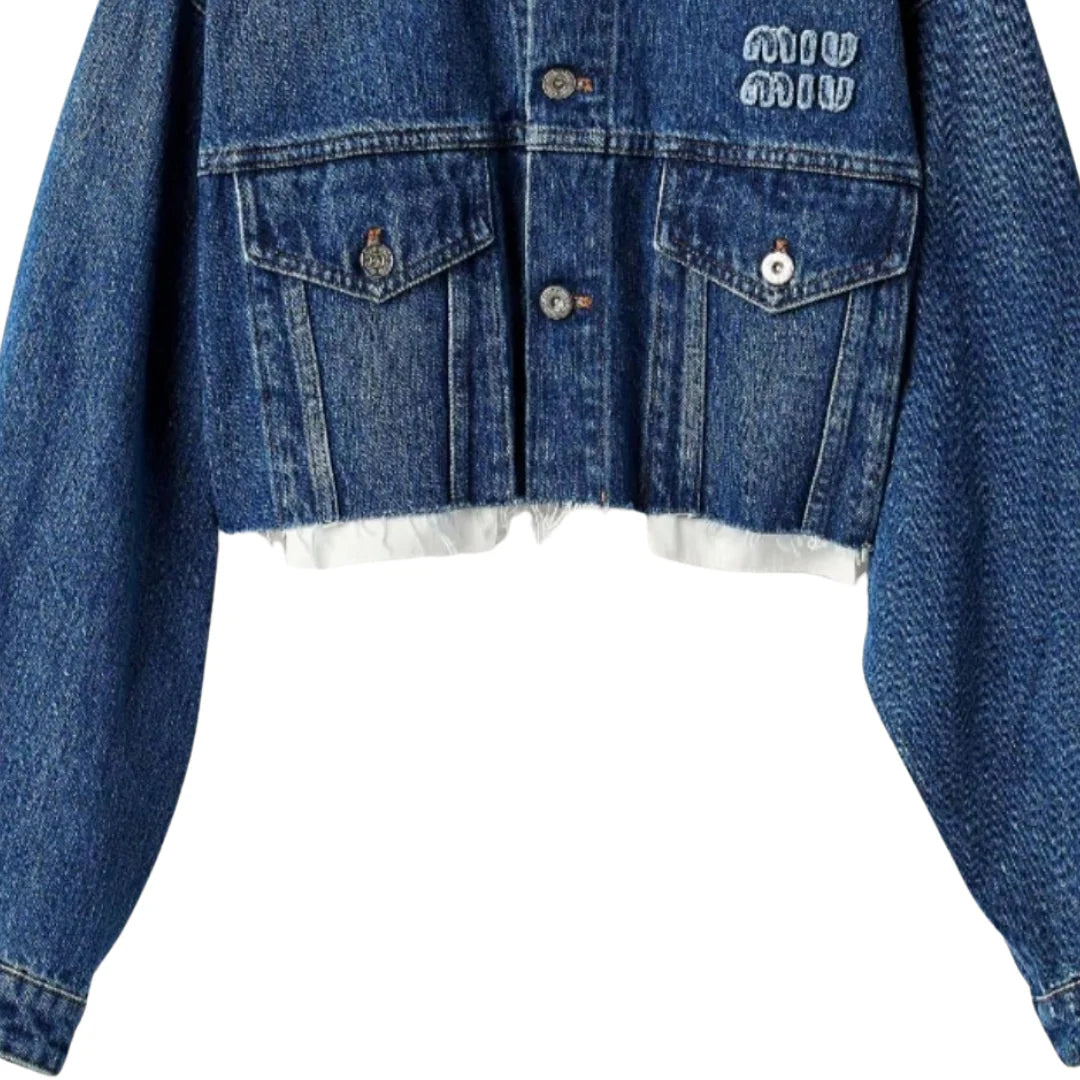Cropped Jeansjacke Damen Blau mit Stickerei-Detail
