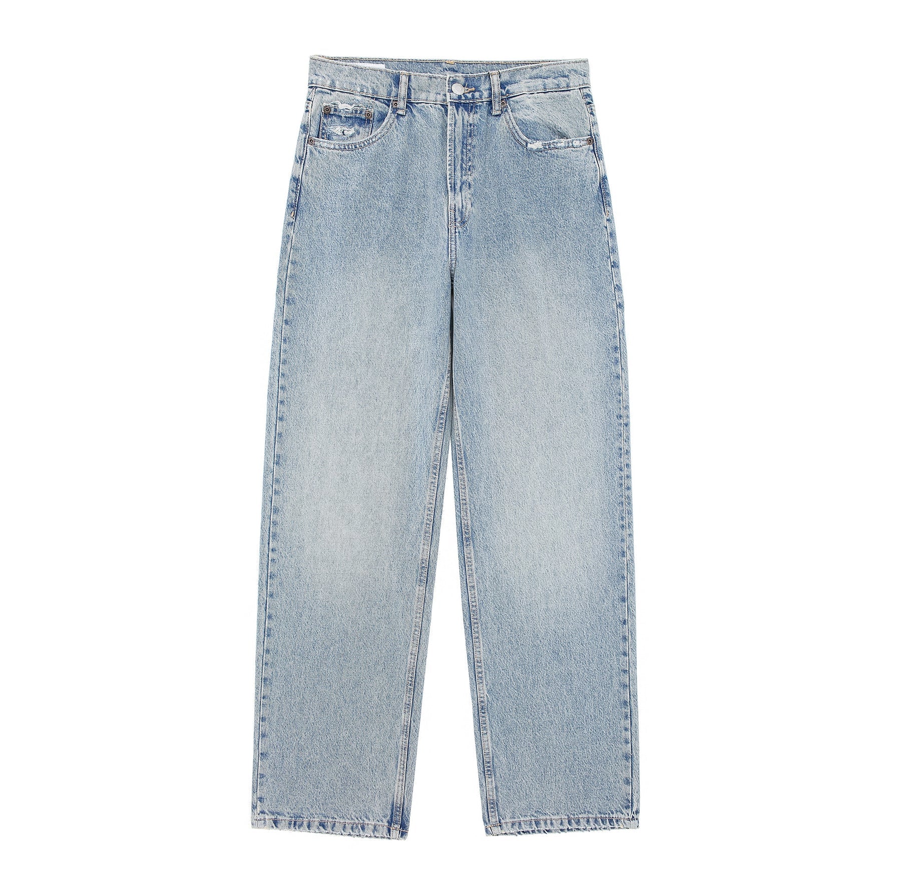 Vintage Mom Jeans Damen – High Waist, Straight Leg, Destroyed Look mit Patch-Details in Hellblau
