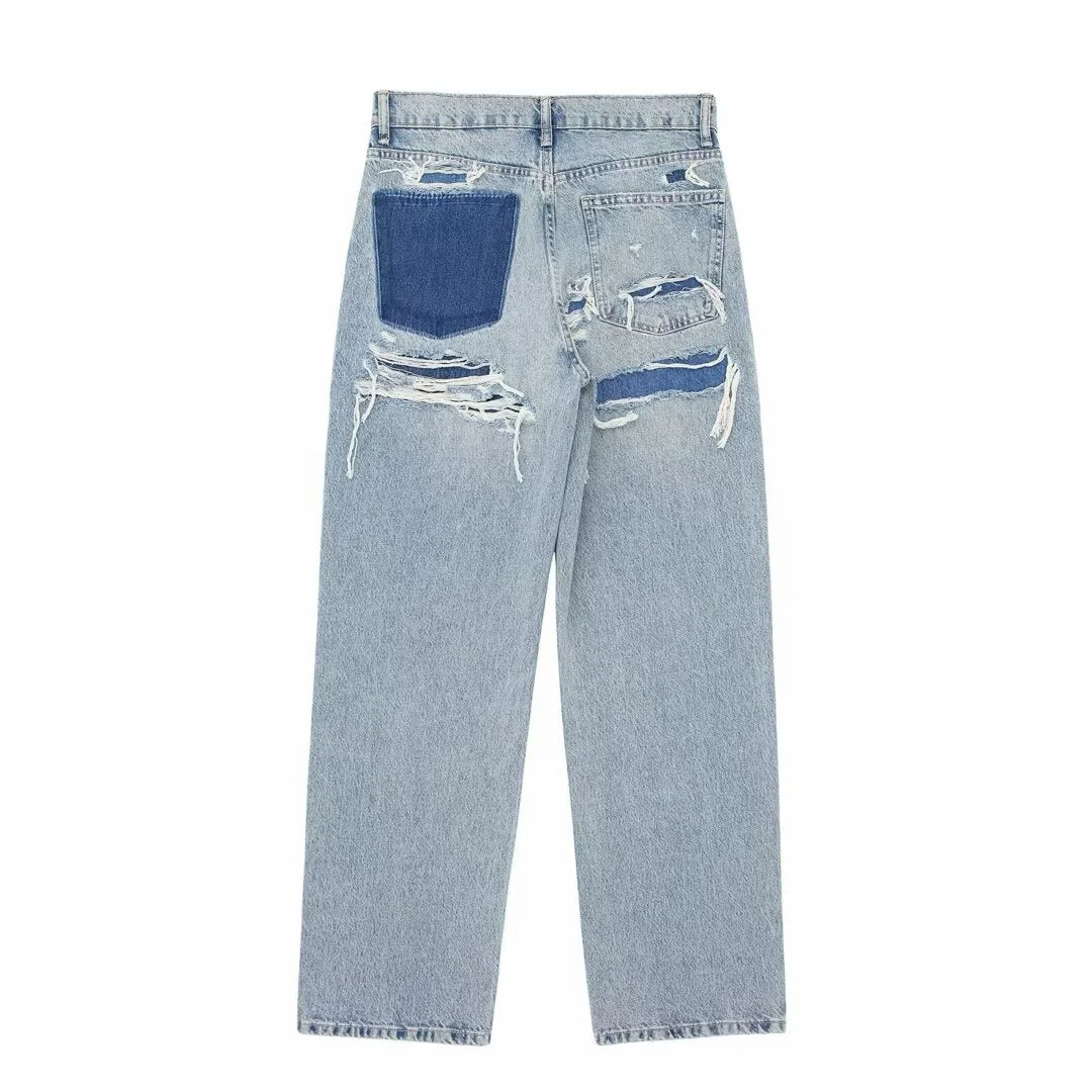 Vintage Mom Jeans Damen – High Waist, Straight Leg, Destroyed Look mit Patch-Details in Hellblau
