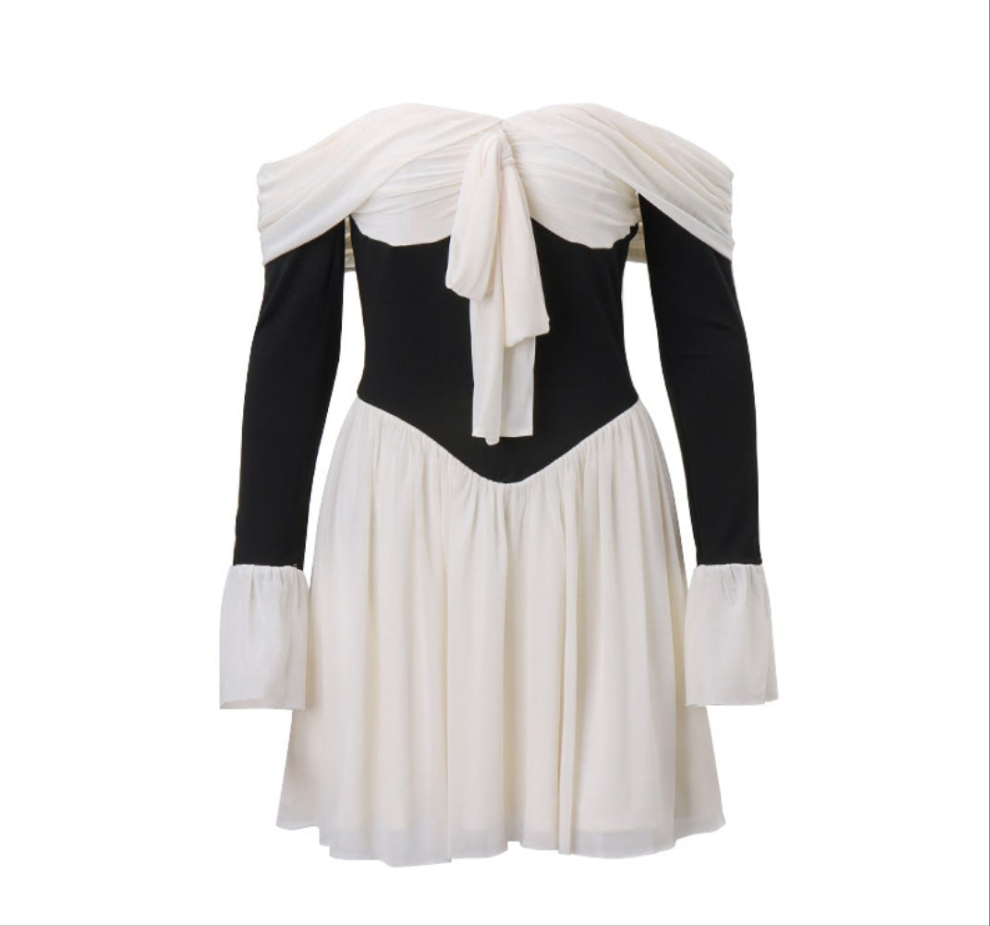 Off-Shoulder Minikleid mit Schleife & ausgestelltem Rock – Schwarz/Creme