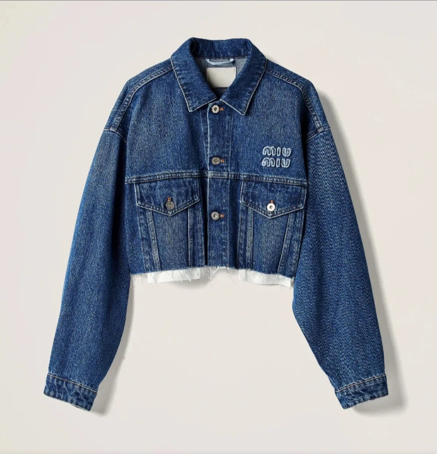 Cropped Jeansjacke Damen Blau mit Stickerei-Detail
