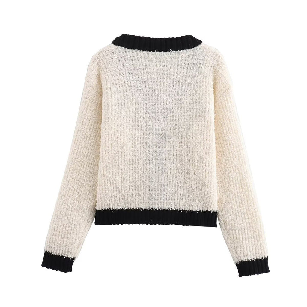 Elegantes Zweiteiler Outfit – Strick Cardigan & Rock in Creme-Schwarz