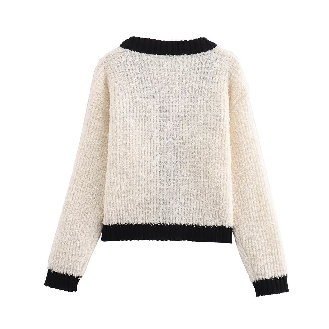 Elegantes Zweiteiler Outfit – Strick Cardigan & Rock in Creme-Schwarz