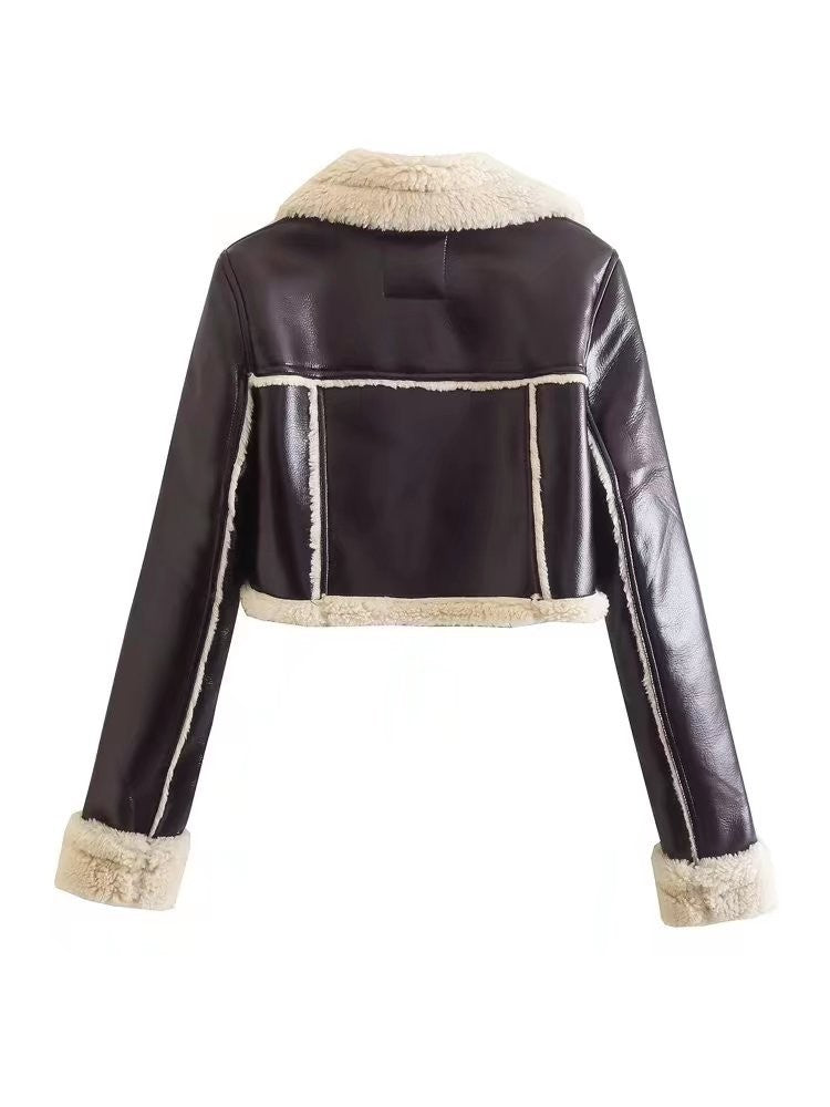 Damen Kunstleder Jacke mit Teddyfell – Kurz Geschnittene Winter Bikerjacke