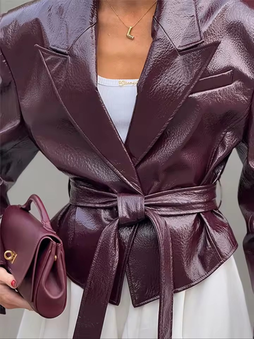 Luxe Damen Lederblazer mit Bindegürtel – Elegante Jacke