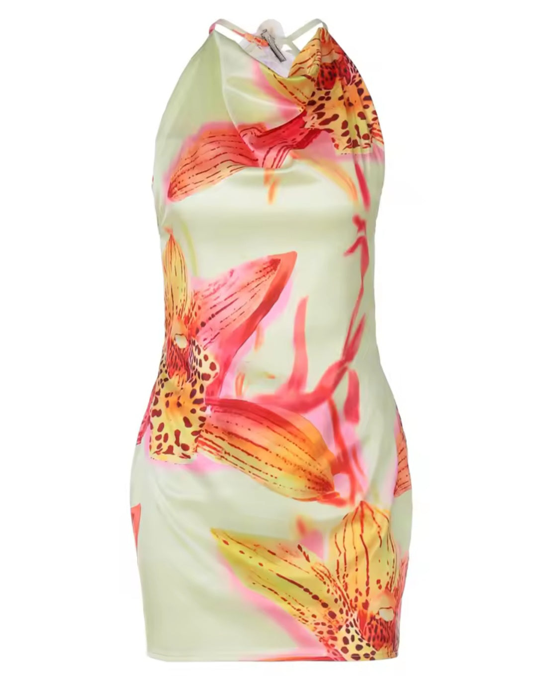 Sunset Bloom – Florales Neckholder Minikleid mit Rückenfrei-Design