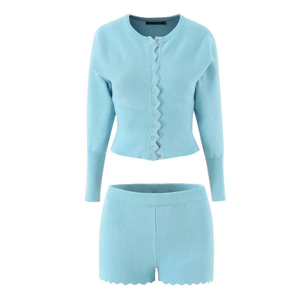 Zweiteiliges Strickset Damen – Cardigan & Shorts im Wellensaum-Design