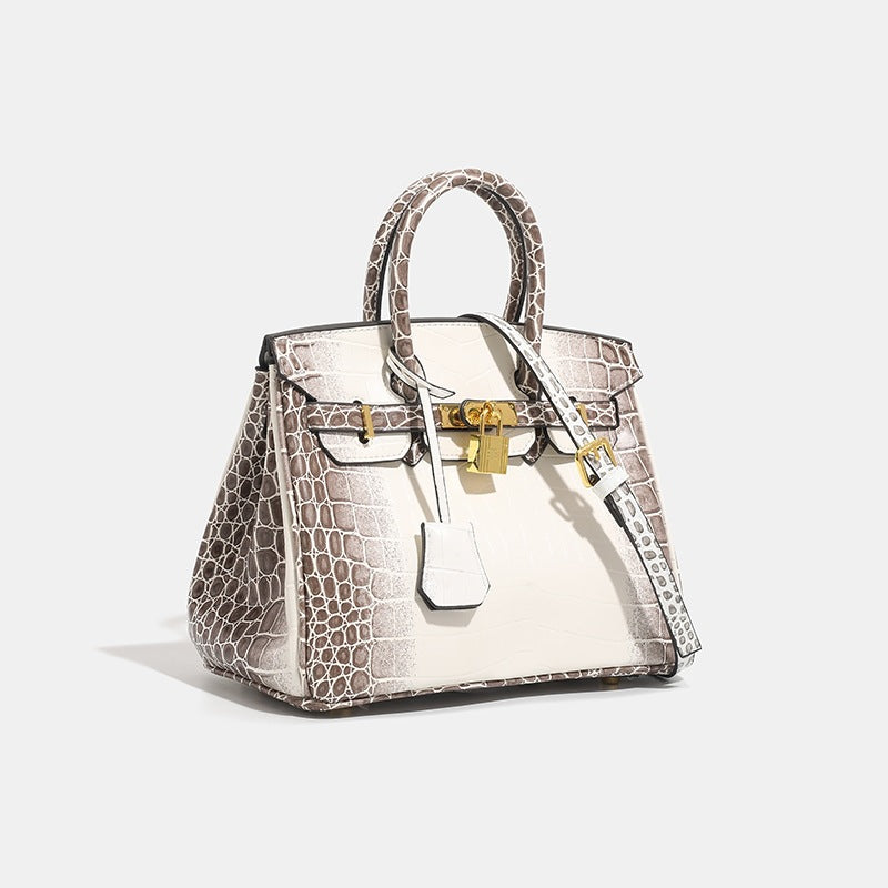 Luxuriöse Krokodiloptik Tasche – Weiß & Taupe mit Goldbeschlägen