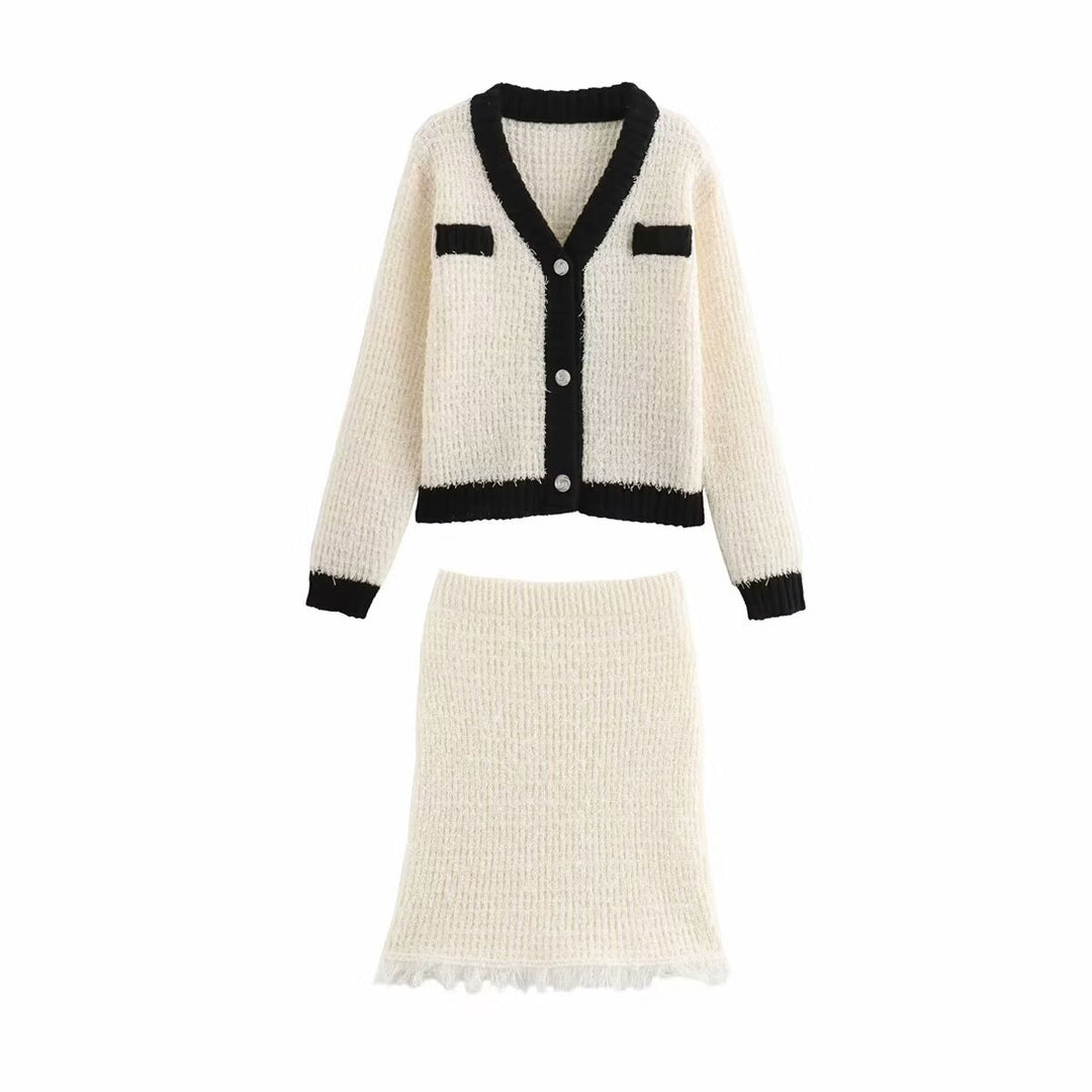 Elegantes Zweiteiler Outfit – Strick Cardigan & Rock in Creme-Schwarz