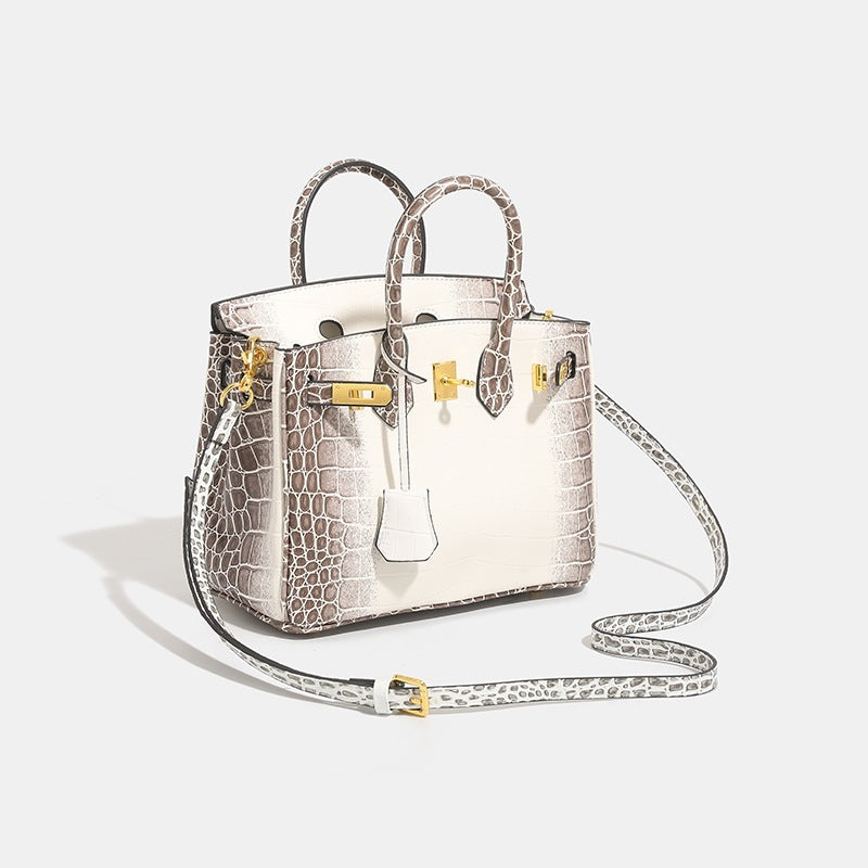 Luxuriöse Krokodiloptik Tasche – Weiß & Taupe mit Goldbeschlägen