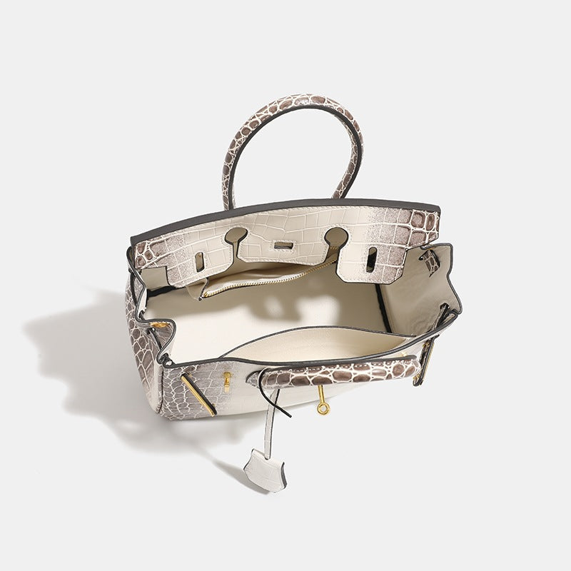 Luxuriöse Krokodiloptik Tasche – Weiß & Taupe mit Goldbeschlägen