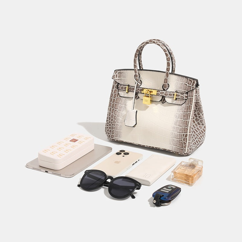 Luxuriöse Krokodiloptik Tasche – Weiß & Taupe mit Goldbeschlägen