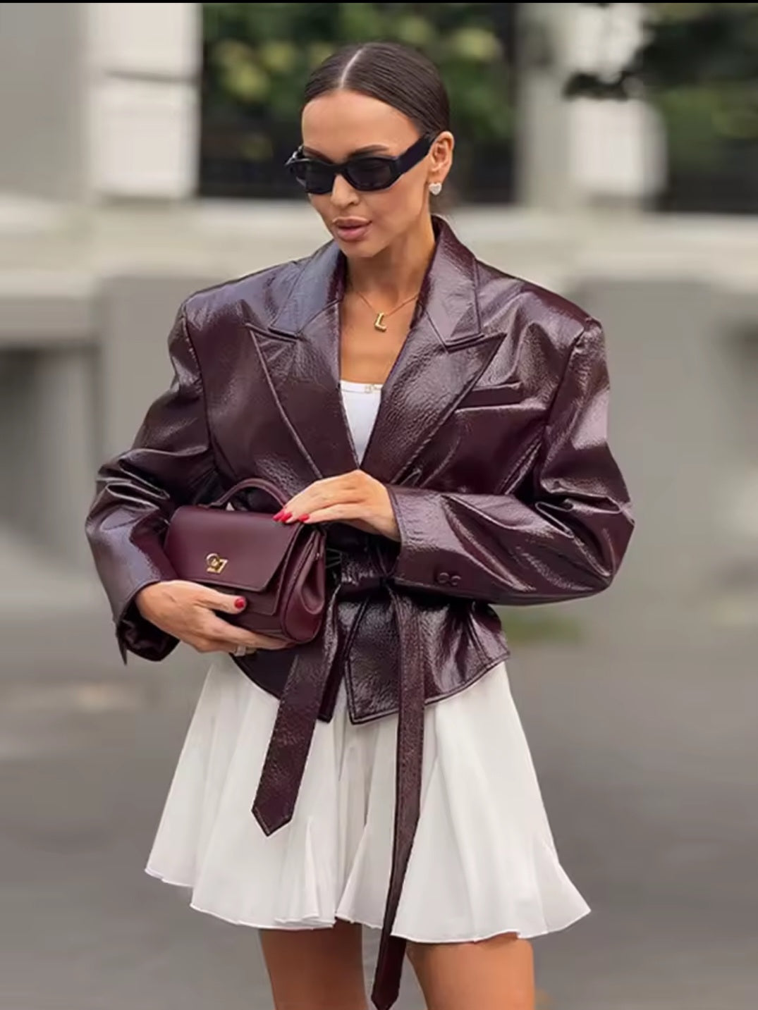 Luxe Damen Lederblazer mit Bindegürtel – Elegante Jacke
