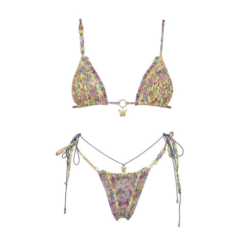 3-teiliges Bikini-Set mit Push-up und passender Strandhose – Blumendesign
