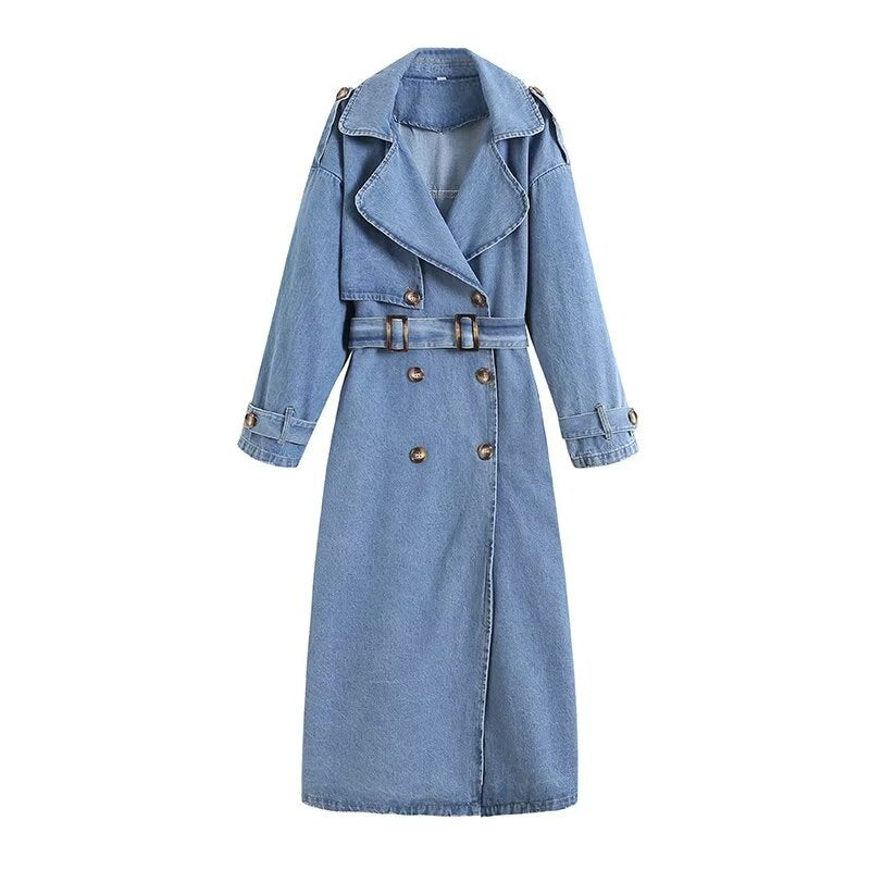 Langer Jeans-Trenchcoat Damen – Stylischer Denim Mantel mit Gürtel und Knöpfen