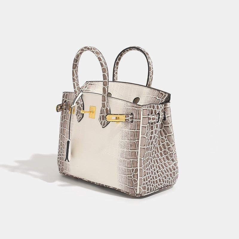 Luxuriöse Krokodiloptik Tasche – Weiß & Taupe mit Goldbeschlägen