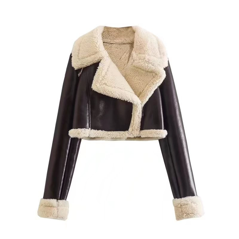 Damen Kunstleder Jacke mit Teddyfell – Kurz Geschnittene Winter Bikerjacke