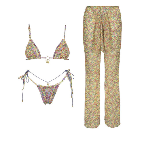 3-teiliges Bikini-Set mit Push-up und passender Strandhose – Blumendesign